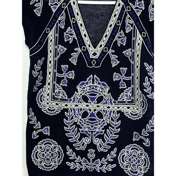 Tori Burch Women's Small Blue/Gray 100% Merino Wool Embroidered Sweater Vest - Picture 6 of 7